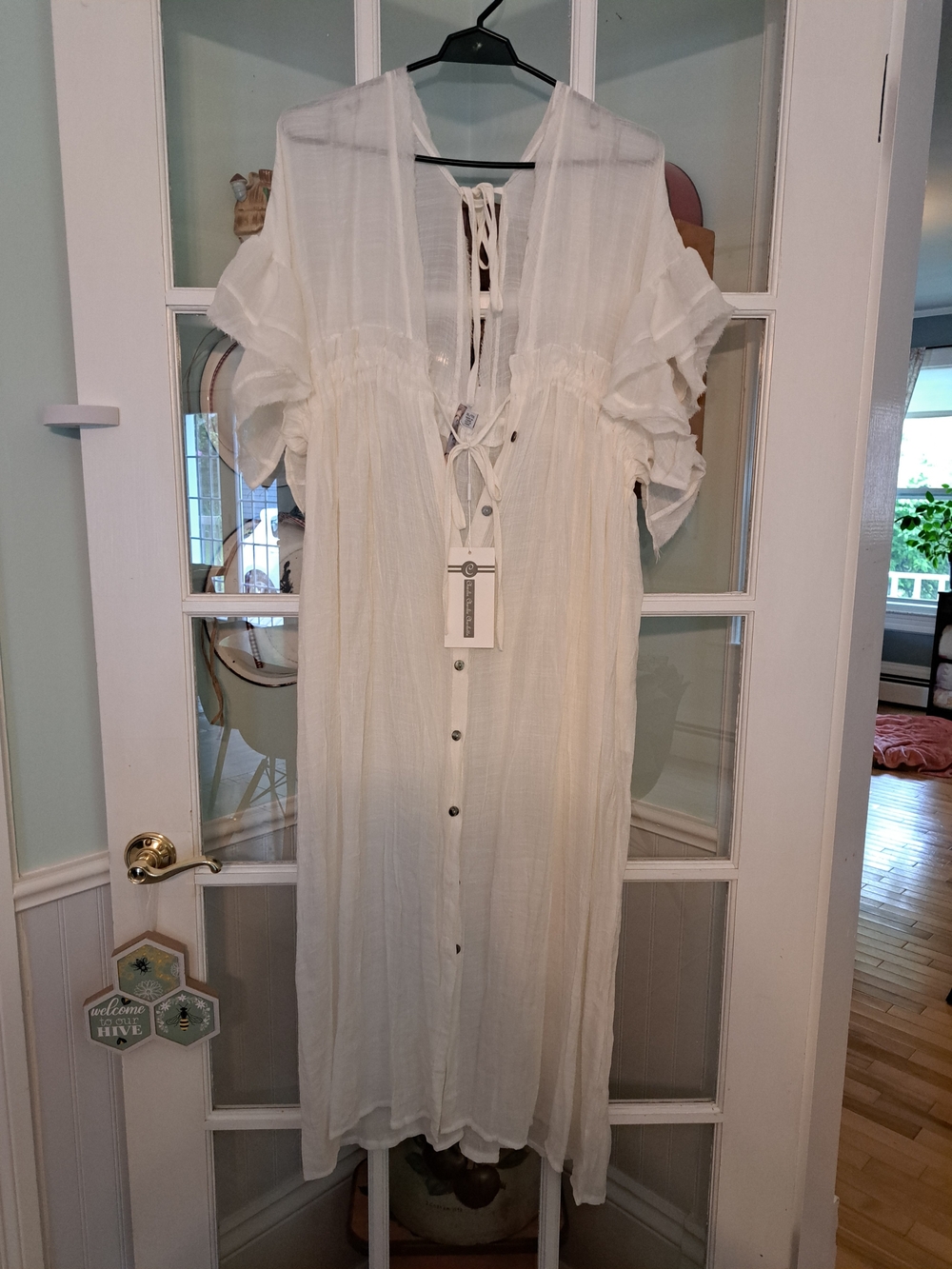 White Lightweight Gauzy/flowy Button-Front Maxi Coverup with Tie Detail